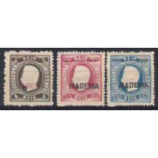MADEIRA, 1868/70, D. LUIS I, 5, 25 e 120 RÉIS, 3 REIMPRESSÕES C/ TRAÇO 33 mm, MH