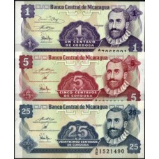 NOTAS - NICARÁGUA - 3 DIFERENTES, papel moeda bancária, UNC